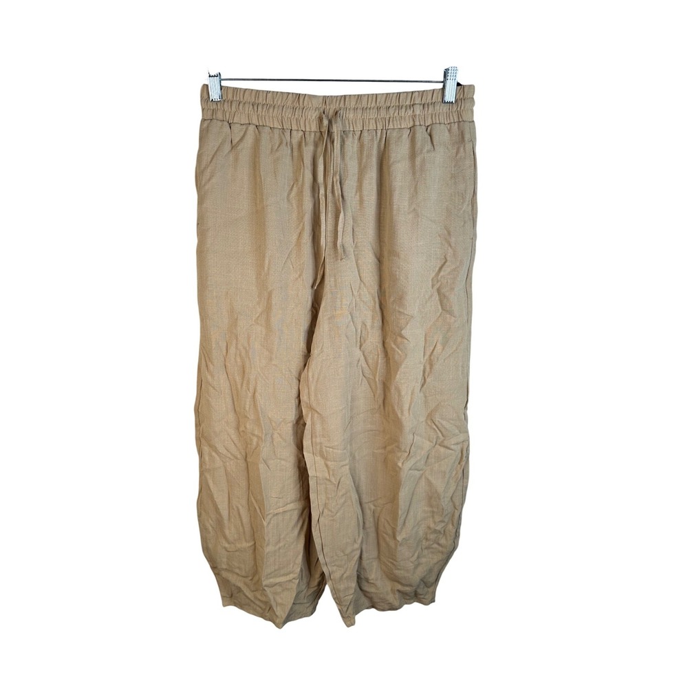 Halara Women's Tan Linen Blend Elastic Waist Drawstring Wide Leg Crop Pants L